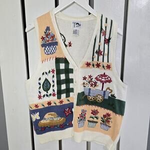 TAG VTG Floral Embroidered Beaded Knit Vest Petite Med‎ Grannycore Cottagecore
